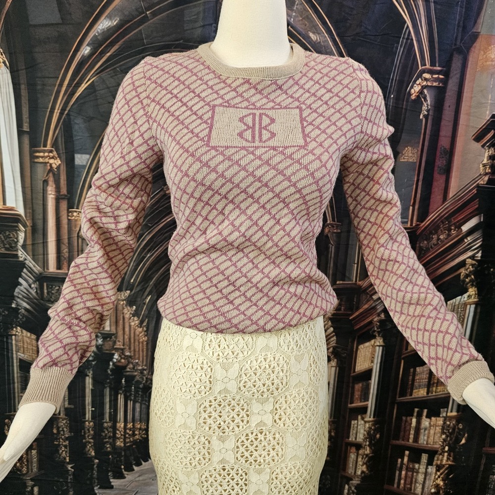 Vintage 1970s Sweater Pullover Mauve Pink Beige Diamond Pattern Double B